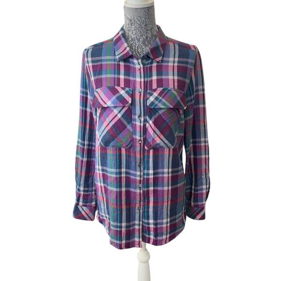 Kut From The Kloth Womens L Purple Blue Plaid 100% Cotton Button Up Shirt Top - Picture 1 of 6